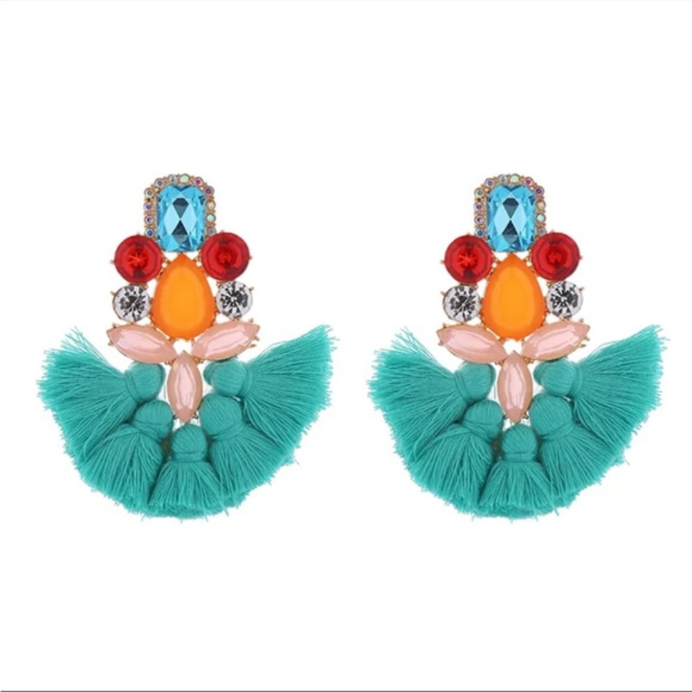 NEW Boho Babe Cyan Fringe Statement Earrings Rhinestone Silver Tone